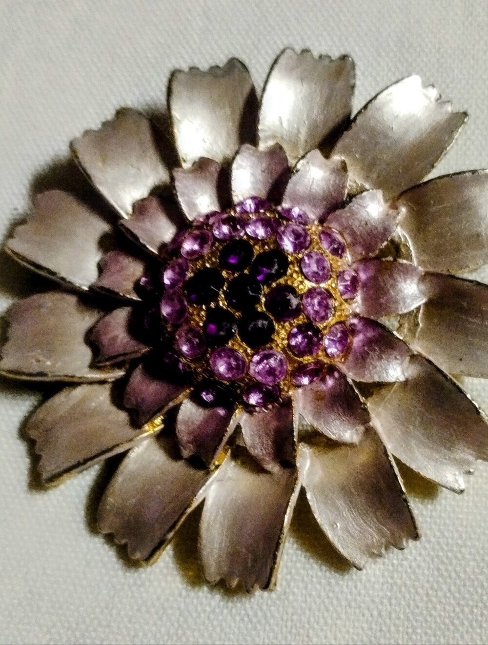 Vintage 1960s Gold Tone Purple Enamel Flower Brooch Pin Rhinestone Center